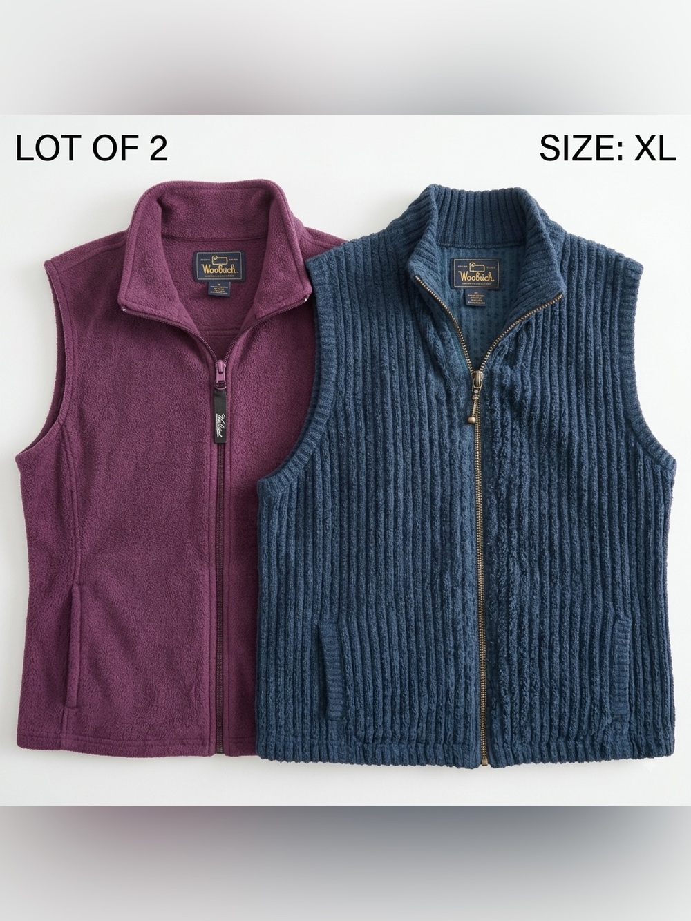 Woolrich Womens XL Vest Lot 2 Purple Fleece & Marine Blue Corded Waffle Zip